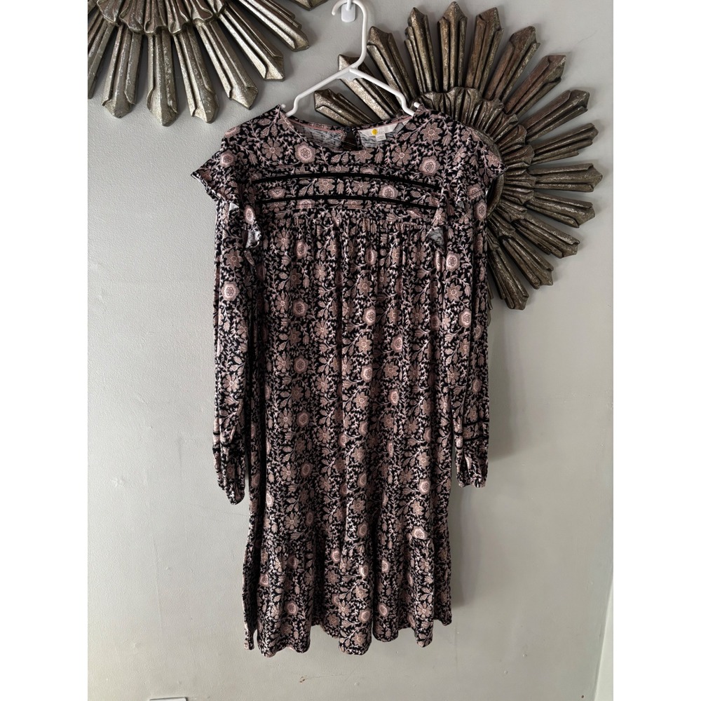 Boden Long Sleeve Ruffle Floral Mini Dress Black Tan US 12L Long J0870
